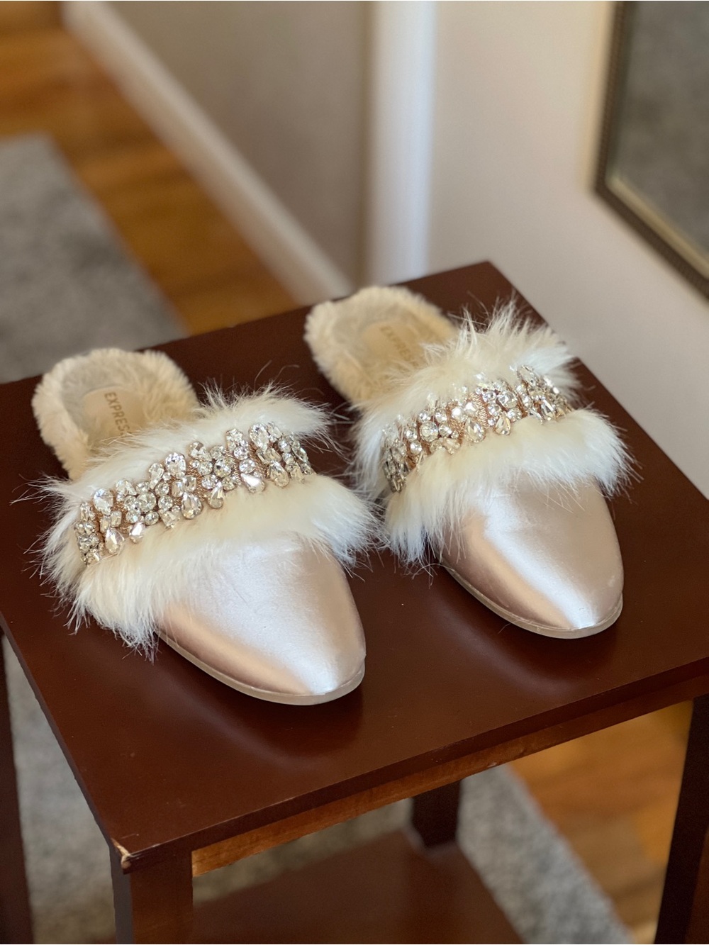 Embellished Faux-Fur Metallic Mules - Ivory